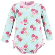 Hudson Baby Girls Rashguard Toddler Swimsuit, Mint Pink Roses, 2T