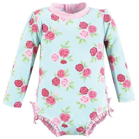 Hudson Baby Girls Rashguard Toddler Swimsuit, Mint Pink Roses, 2T