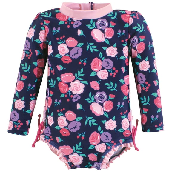 Hudson Baby Girls Rashguard Toddler Swimsuit, Navy Bright Pink Floral, 8 Years