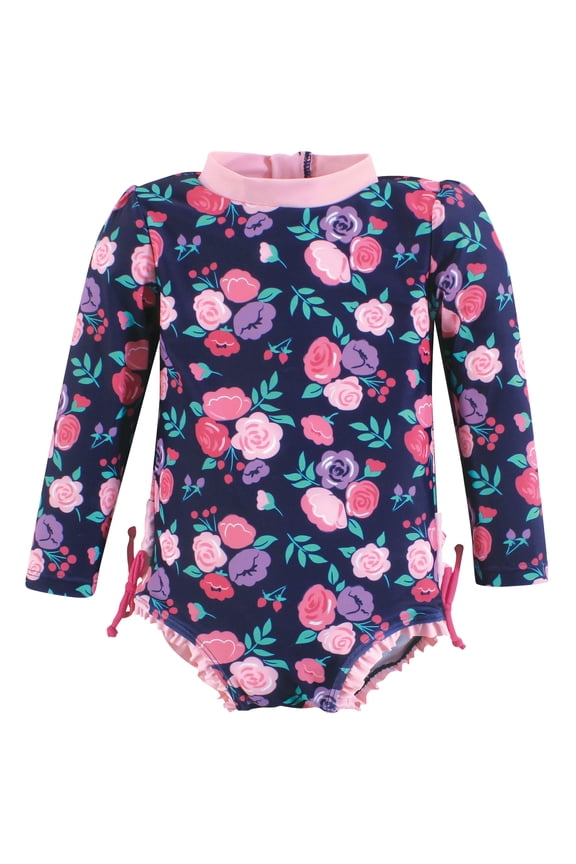 Girls Rashguard Toddler Swimsuit, Navy Bright Pink Floral, 8 Years