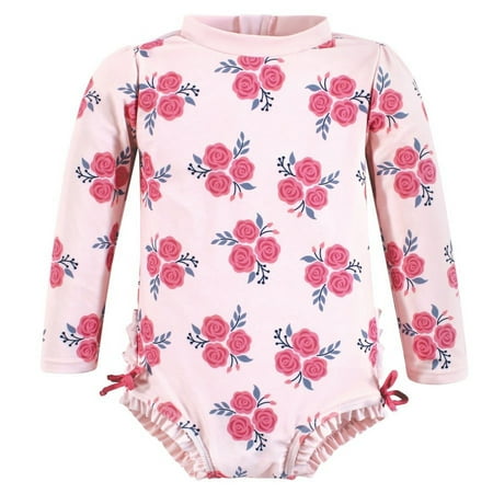 Hudson Baby Girls Rashguard Toddler Swimsuit, Pink Navy Roses, 2T