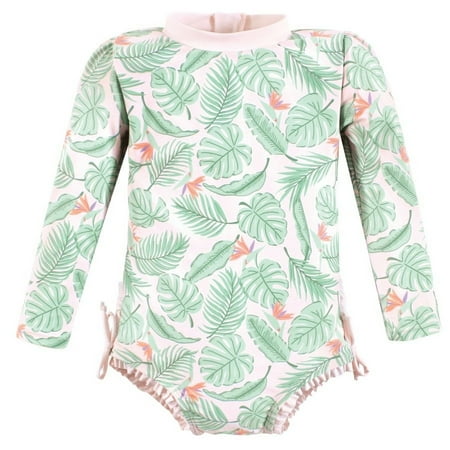 Hudson Baby Girls Rashguard Toddler Swimsuit, Pink Palm, 2T