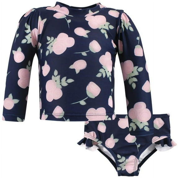 Hudson Baby Girls Swim Rashguard Set, Navy Rose, 9-12 Months