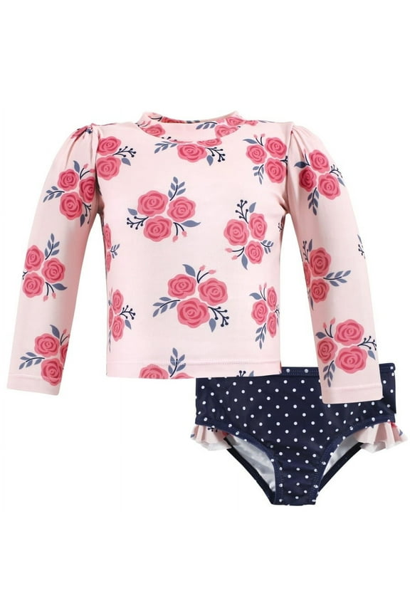 Girls Swim Rashguard Set, Pink Navy Roses, 4T