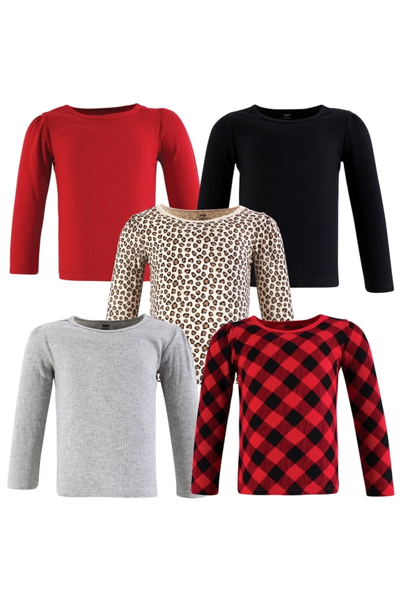 Girls Thermal Long Sleeve Tees 5pk, Buffalo Plaid Leopard, 12-18 Months
