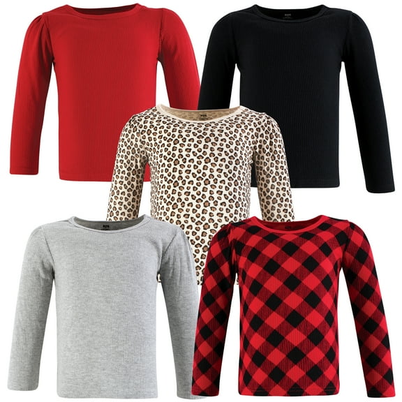 Hudson Baby Girls Thermal Long Sleeve Tees 5pk, Buffalo Plaid Leopard, 5T