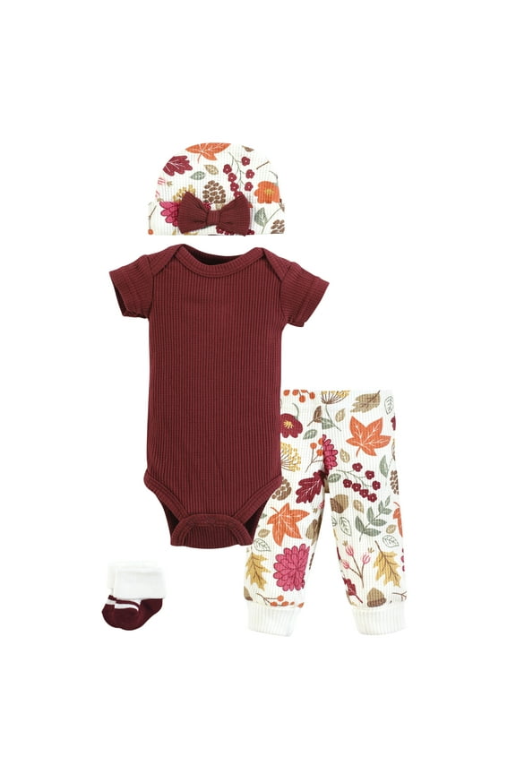 Girls Thermal Preemie Layette Set 4pc Short Sleeve Outfit, Acorn Botanical, Preemie