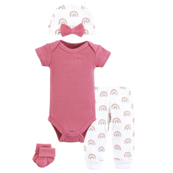 Hudson Baby Girls Thermal Preemie Layette Set 4pc Short Sleeve Outfit, Creative Rainbows, Preemie