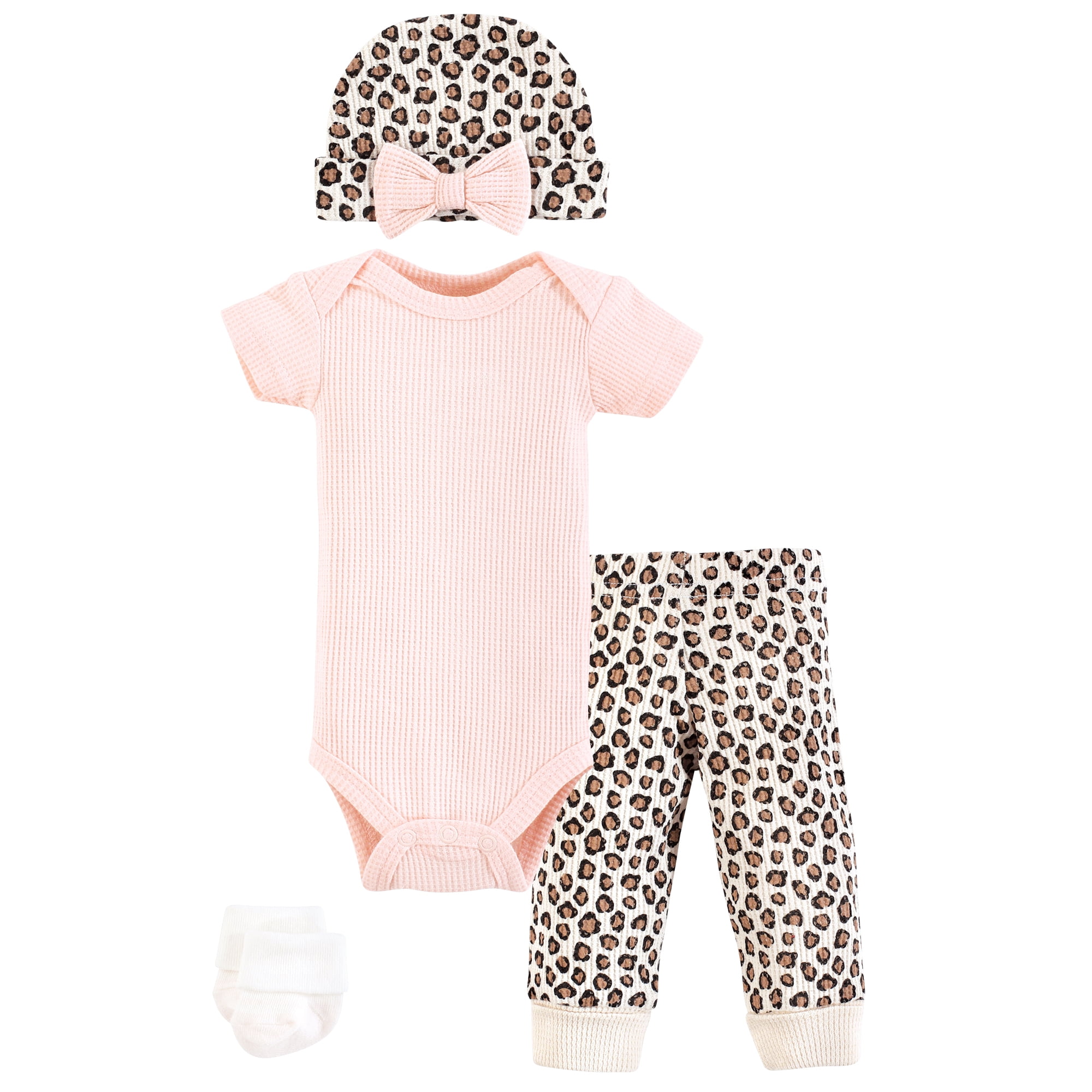 Girls Thermal Preemie Layette Set 4pc Short Sleeve Outfit, Leopard, Preemie