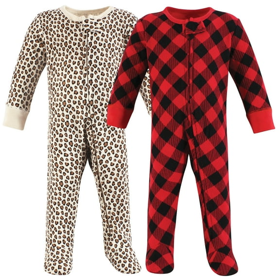 Hudson Baby Girls Thermal Zipper Sleep and Play 2pk, Buffalo Plaid Leopard, 6-9 Months