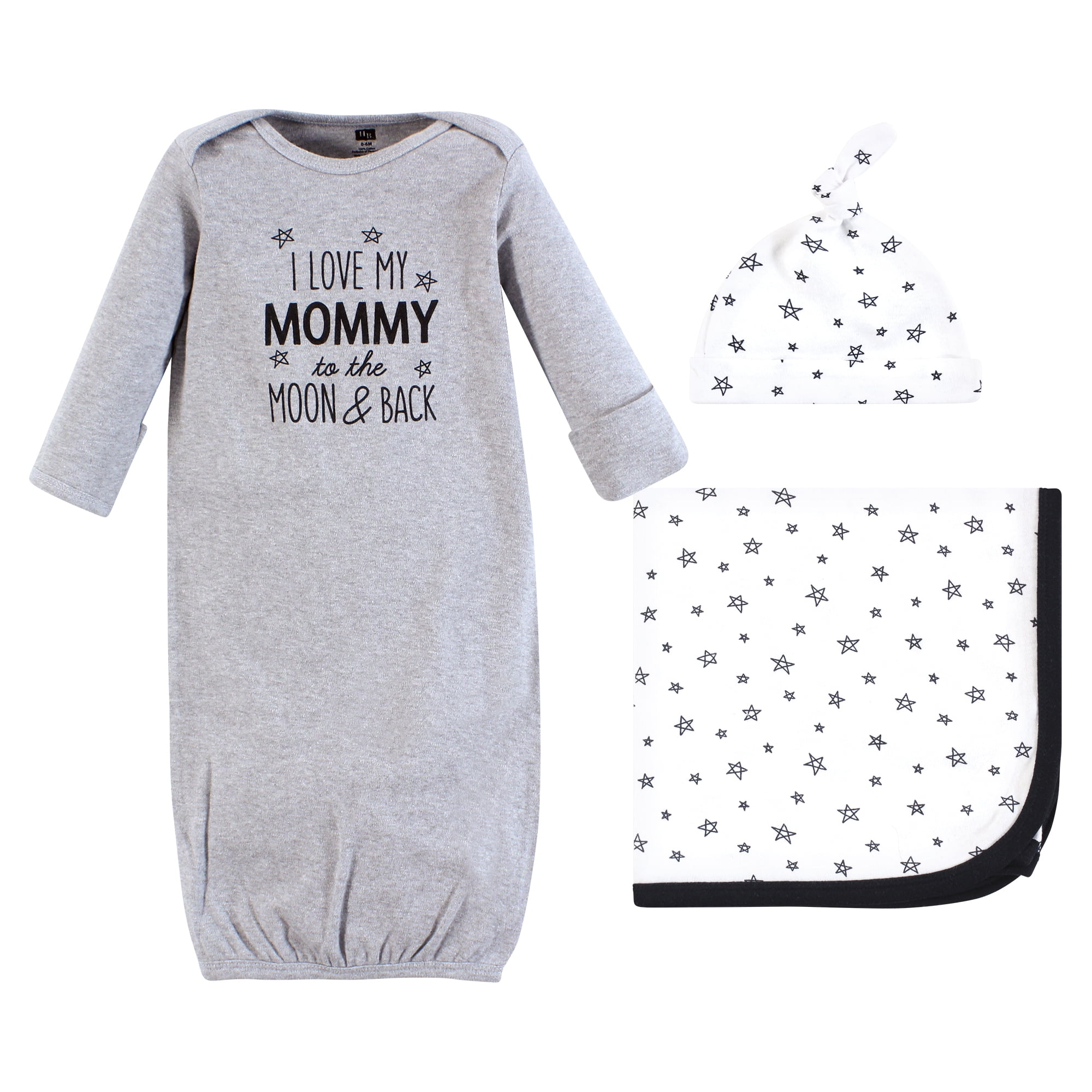 Hudson Baby Gown, Swaddle Blanket and Cap or Headband, Mom Moon And Back, 0-6 Months