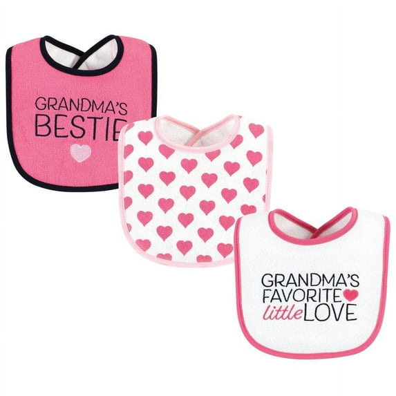 Hudson Baby Grandmas Favorite Heart Machine Washable and Absorbent Cotton Baby Bib, 3 Pack