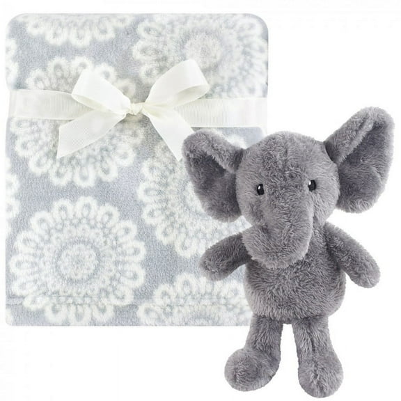 Hudson Baby Gray Plush Baby Blanket with Snuggly Elephant Toy