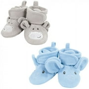 Hudson Baby Infant Boy Animal Fleece Booties 2-Pack, Blue Elephant Hippo, 6-12 Months