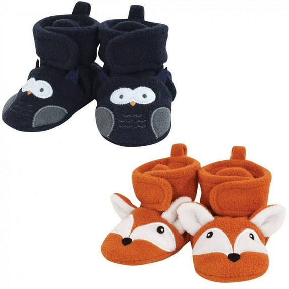 Hudson Baby Infant Boy Animal Fleece Booties 2-Pack, Navy Owl Fox, 12-18 Months