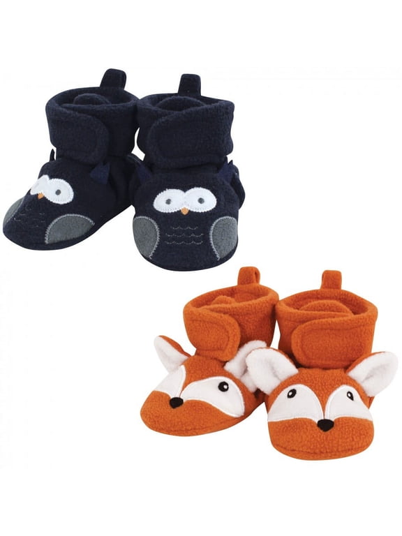 Infant Boy Animal Fleece Booties 2-Pack, Navy Owl Fox, 12-18 Months