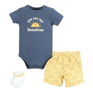 Hudson Baby Infant Boy Bodysuit, Short and Sock, Blue Sunshine, 0-3 Months