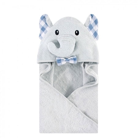 Hudson Baby Unisex Baby Cotton Poly Animal Face Hooded Towel, Gingham Elephant, One Size