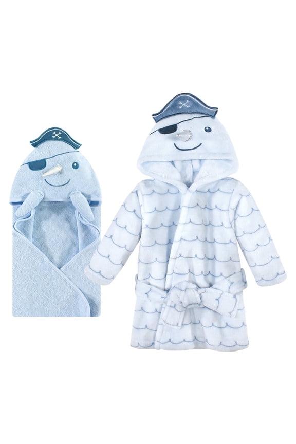 Infant Boy Cotton Animal Face Hooded Towel and Plush Bathrobe Bundle Set, Narwhal, 0-9 Months
