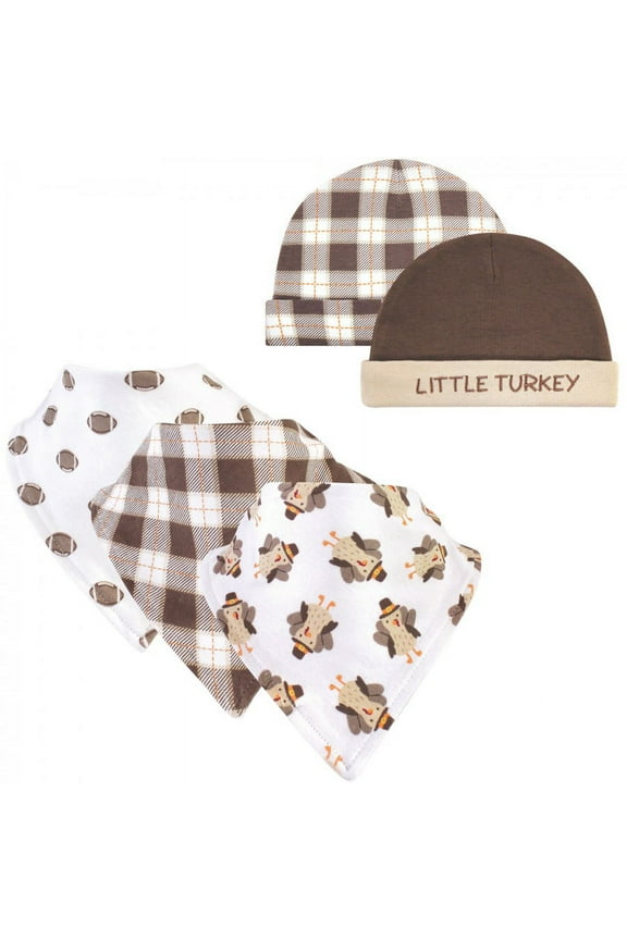 Infant Boy Cotton Bib and Caps Set 5pk, Boy Turkey, One Size