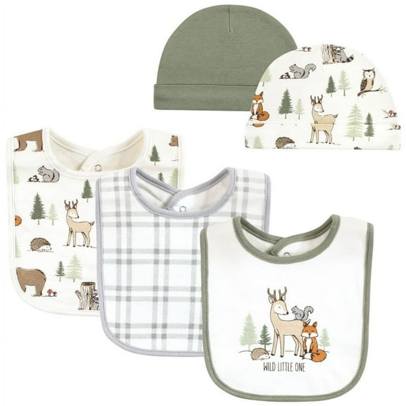 Hudson Baby Boy Cotton Bib & Caps Gift Set, Forest Animals, One Size, 5-Piece