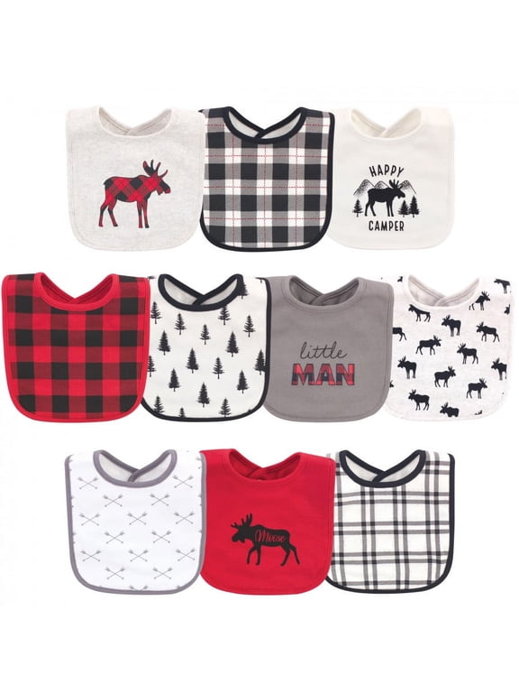 Infant Boy Cotton Bibs, Buffalo Plaid Moose, One Size