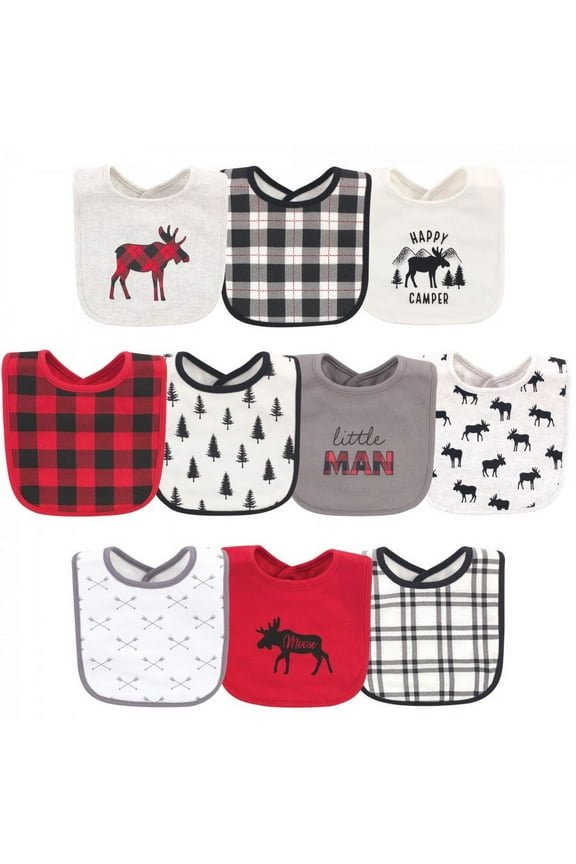 Infant Boy Cotton Bibs, Buffalo Plaid Moose, One Size