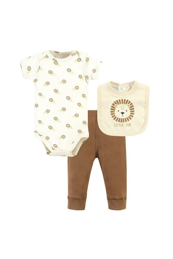 Infant Boy Cotton Bodysuit, Pant and Bib Set, Brave Lion, 0-3 Months