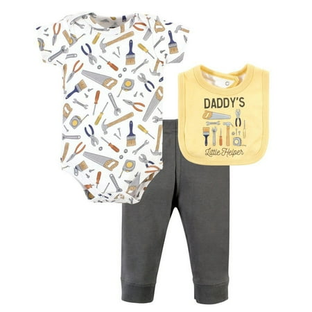 Hudson Baby Infant Boy Cotton Bodysuit, Pant and Bib Set, Construction Work, 6-9 Months