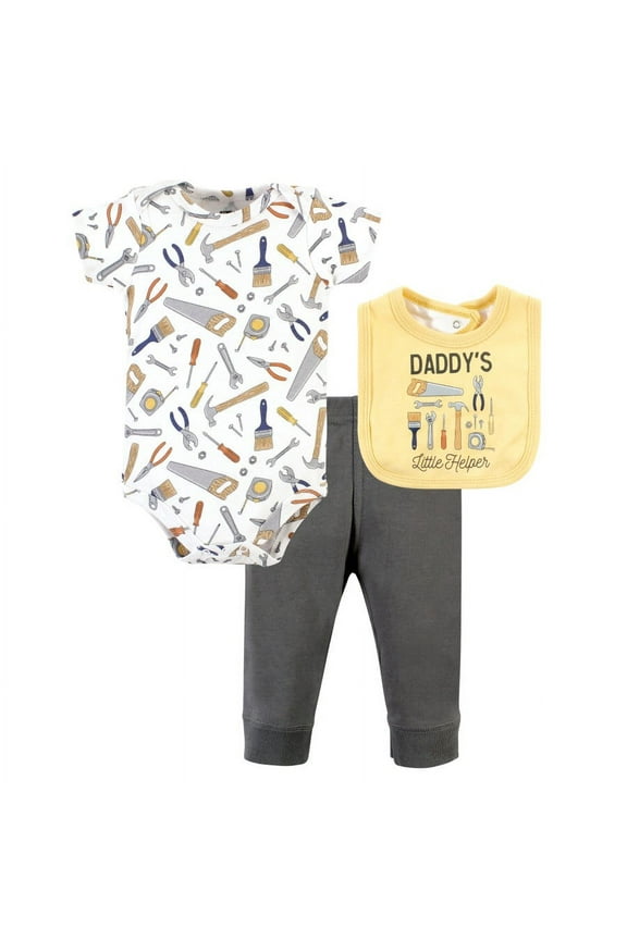 Infant Boy Cotton Bodysuit, Pant and Bib Set, Construction Work, 6-9 Months