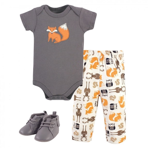 Hudson Baby Infant Boy Cotton Bodysuit, Pant and Shoe 3pc Set, Boy Forest, 6-9 Months