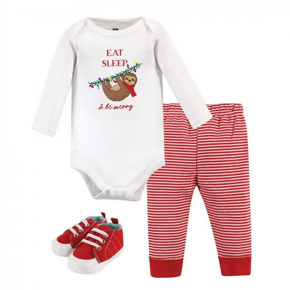 Hudson Baby Infant Boy Cotton Bodysuit, Pant and Shoe 3pc Set, Christmas Sloth, 6-9 Months