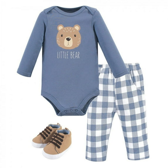 Hudson Baby Infant Boy Cotton Bodysuit, Pant and Shoe 3pc Set, Little Bear, 6-9 Months