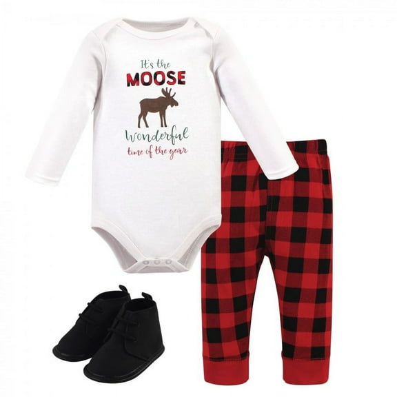 Hudson Baby Infant Boy Cotton Bodysuit, Pant and Shoe 3pc Set, Moose Wonderful Time, 0-3 Months