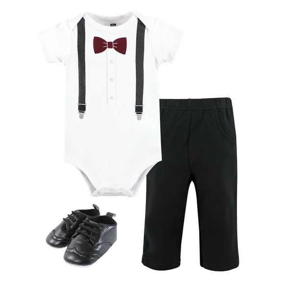 Hudson Baby Infant Boy Cotton Bodysuit, Pant and Shoe Set, Burgundy Black Bow Tie, 9-12 Months