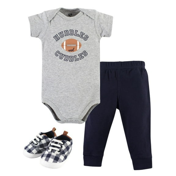 Hudson Baby Infant Boy Cotton Bodysuit, Pant and Shoe Set, Football Huddles Short Sleeve, Newborn