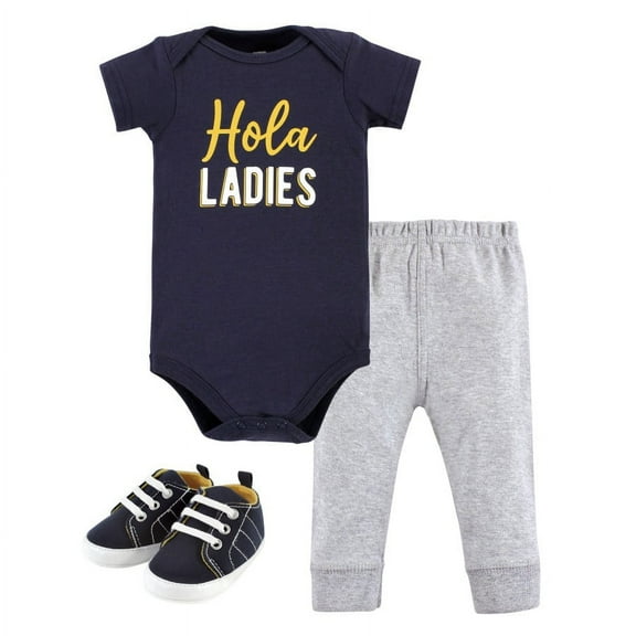 Hudson Baby Infant Boy Cotton Bodysuit, Pant and Shoe Set, Hola Ladies Short Sleeve, Newborn