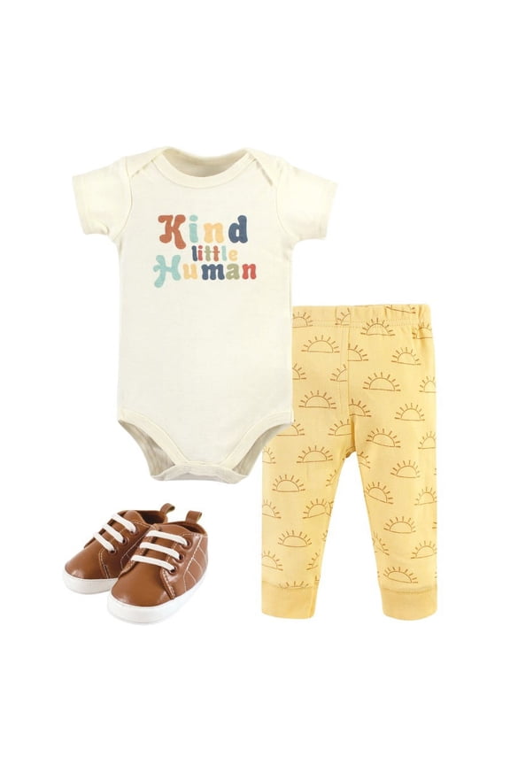 Infant Boy Cotton Bodysuit, Pant and Shoe Set, Kind Human, Newborn
