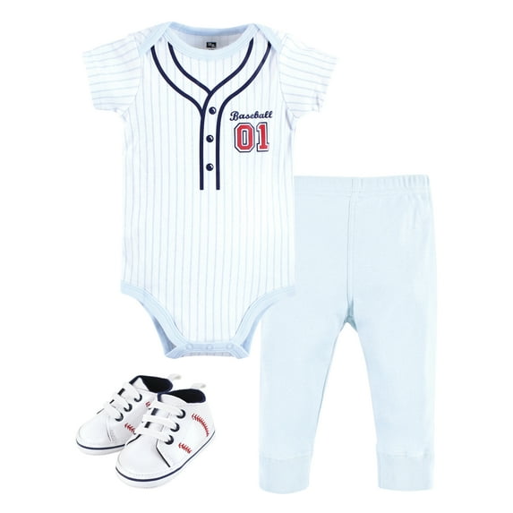 Hudson Baby Infant Boy Cotton Bodysuit, Pant and Shoe Set, Lt Blue Baseball, 12-18 Months