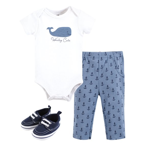 Hudson Baby Infant Boy Cotton Bodysuit, Pant and Shoe Set, Whaley Cute Anchor, 0-3 Months