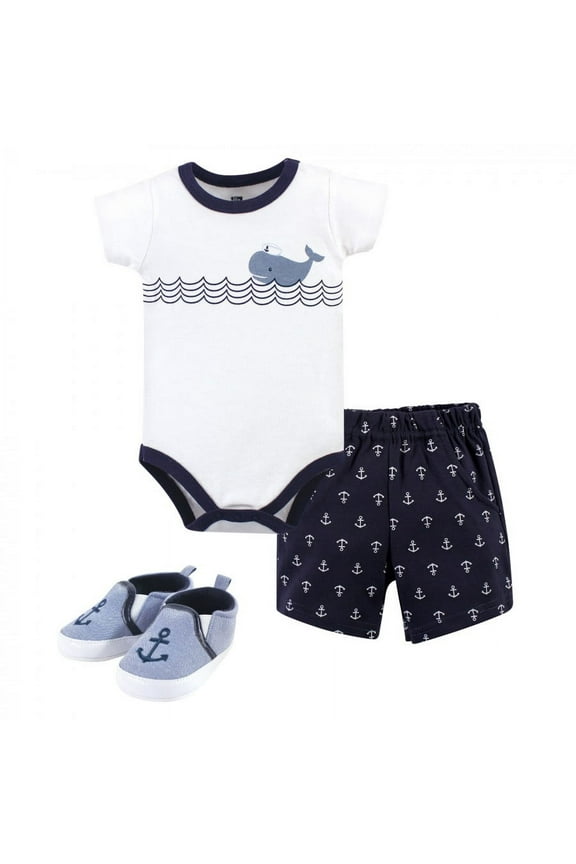 Infant Boy Cotton Bodysuit, Shorts and Shoe 3pc Set, Blue Sailor Whale, 0-3 Months