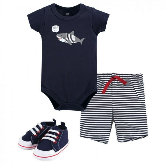Hudson Baby Infant Boy Cotton Bodysuit, Shorts and Shoe 3pc Set, Blue Shark, 0-3 Months