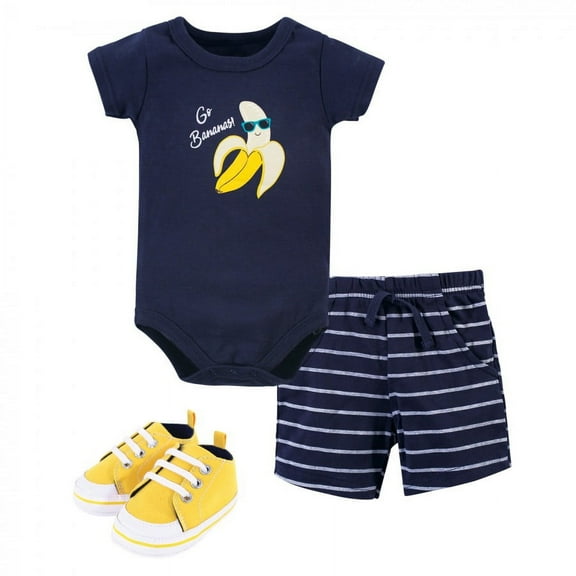 Hudson Baby Infant Boy Cotton Bodysuit, Shorts and Shoe 3pc Set, Go Bananas, 0-3 Months