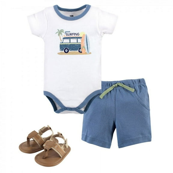 Hudson Baby Infant Boy Cotton Bodysuit, Shorts and Shoe 3pc Set, Gone Surfing, 6-9 Months