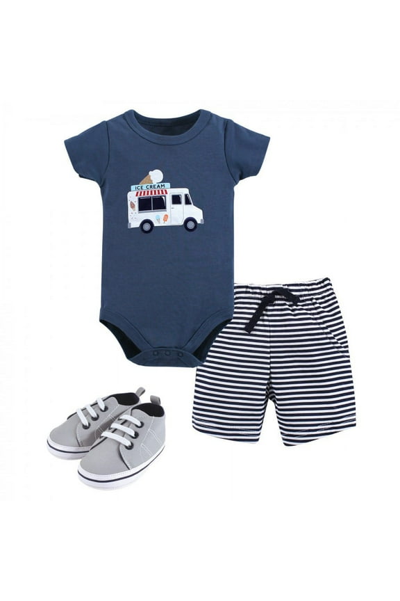 Infant Boy Cotton Bodysuit, Shorts and Shoe 3pc Set, Ice Cream Truck, 9-12 Months