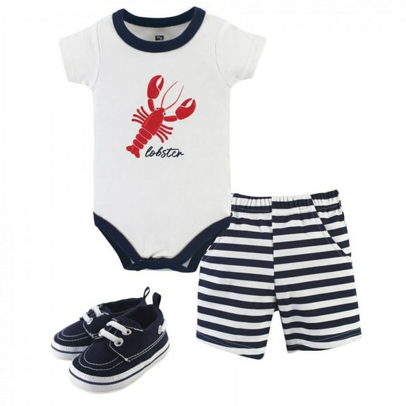 Hudson Baby Infant Boy Cotton Bodysuit, Shorts and Shoe 3pc Set, Lobster, 6-9 Months