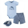 thumbnail image 1 of Hudson Baby Infant Boy Cotton Bodysuit, Shorts and Shoe 3pc Set, Narwhal, 3-6 Months, 1 of 4
