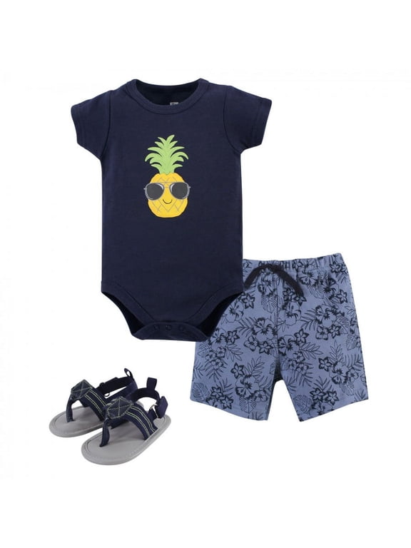 Infant Boy Cotton Bodysuit, Shorts and Shoe 3pc Set, Pineapple, 3-6 Months