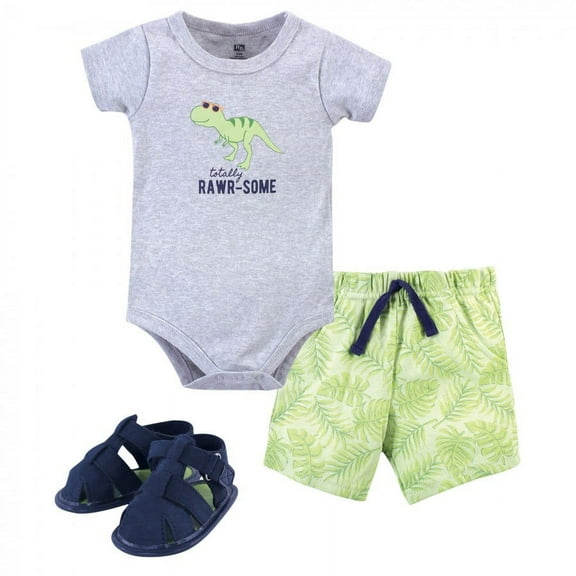 Hudson Baby Infant Boy Cotton Bodysuit, Shorts and Shoe 3pc Set, Rawr-Some Dino, 9-12 Months