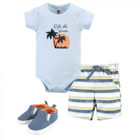 Hudson Baby Infant Boy Cotton Bodysuit, Shorts and Shoe 3pc Set, Ride Waves, 0-3 Months